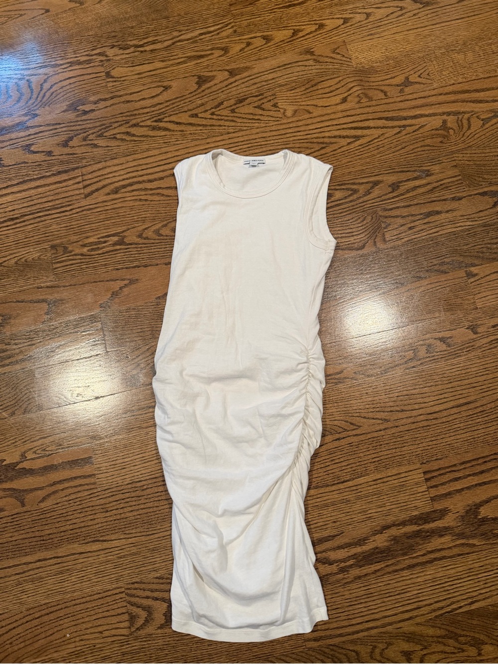 James Perse Sleeveless Ruched Midi Dress in white.